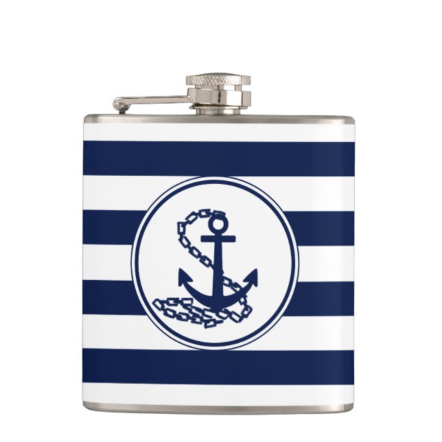 Anchor Symbol Blue And White Stripes Sailor Style Hip Flask (Front)