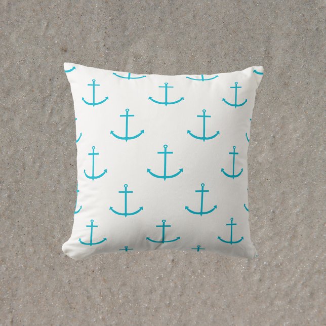Anchor Turquoise Pattern Throw Pillow (A throw pillow with a pattern of turquoise anchors)