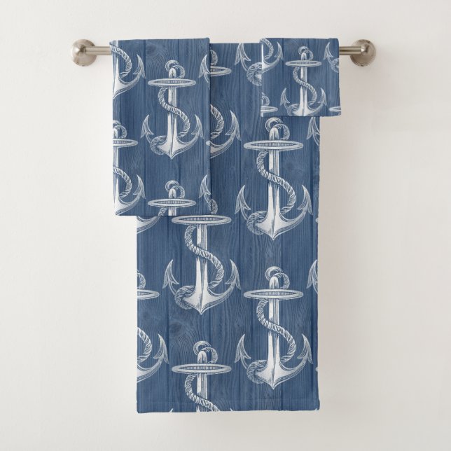Anchor Vintage Blue Wood Beach Bath Towels (Insitu)