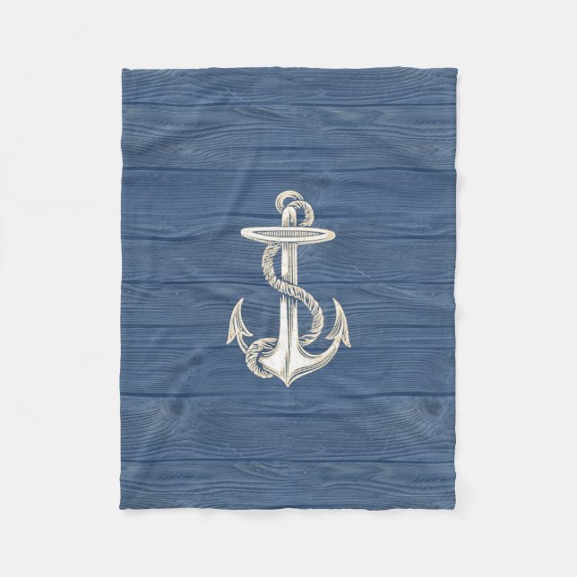 Anchor Vintage Blue Wood Beach Fleece Blanket (Front)
