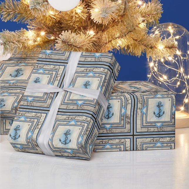 Anchor vintage map nautical pattern wrapping paper (Holidays)