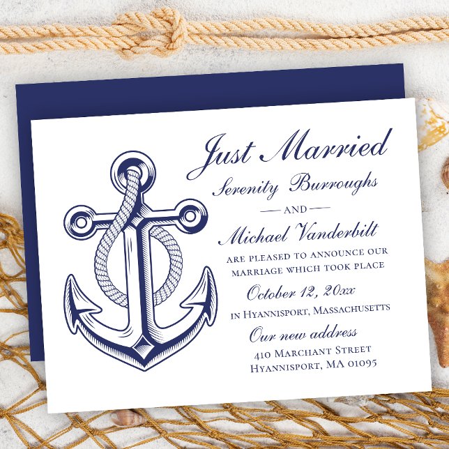 Anchor Wedding Navy Blue Nautical Just Married  Invitation (Creator Uploaded)