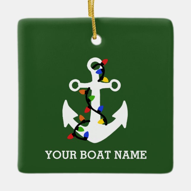 Anchor with Christmas Lights Nautical Ceramic Ornament (Front)