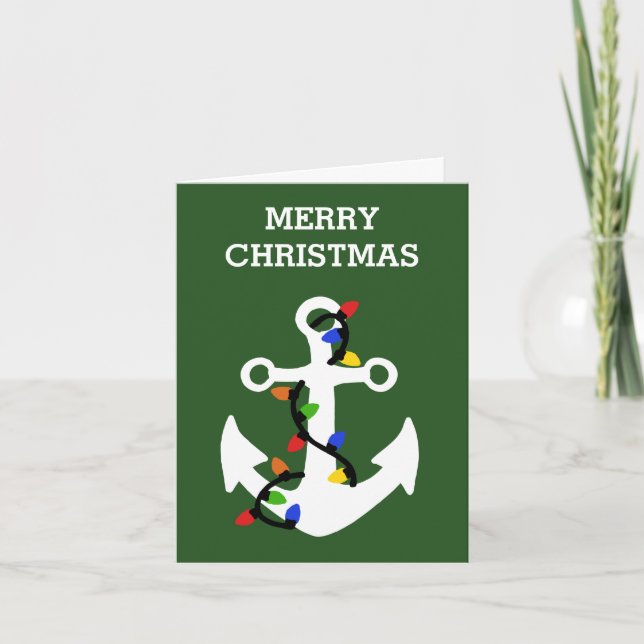 Anchor with Christmas Lights Nautical Holiday Card (Front)