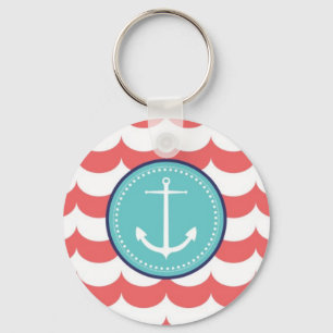 Anchor with Coral Waves Pattern Keychain