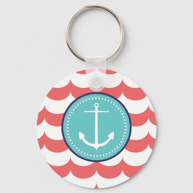 Anchor with Coral Waves Pattern Keychain (Front)