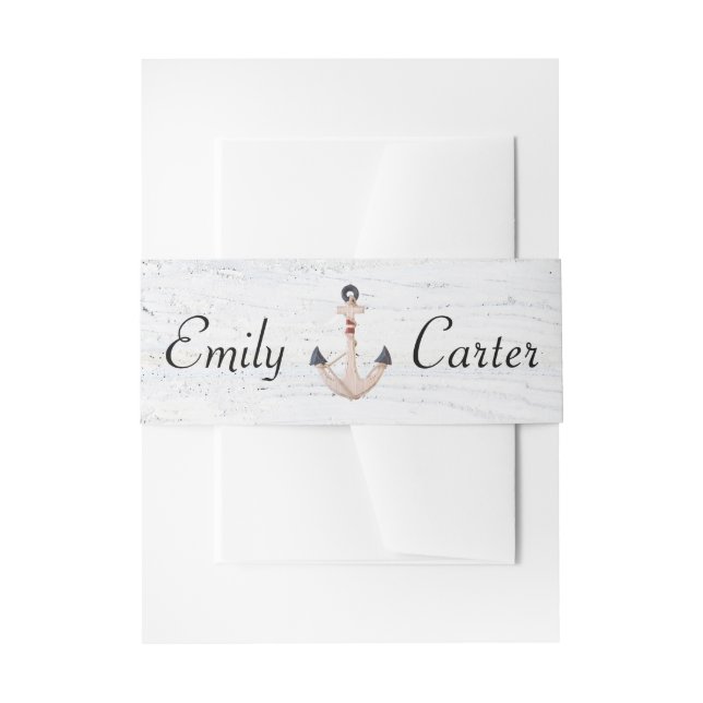 Anchor With Custom Names On Wood Invitation Belly Band (Front Example)