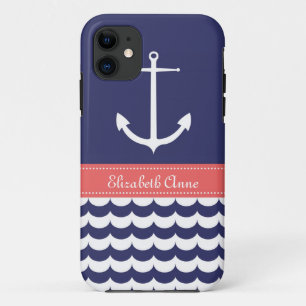 Anchor with Waves and Custom Name in Navy & Pink iPhone 11 Case