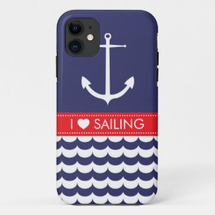 Anchor with Waves and Custom Name in Navy & Red iPhone 11 Case