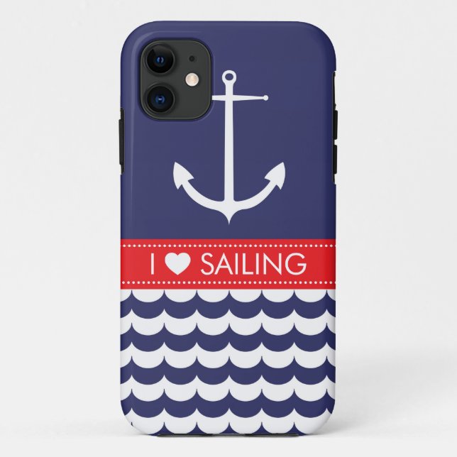 Anchor with Waves and Custom Name in Navy & Red Case-Mate iPhone Case (Back)