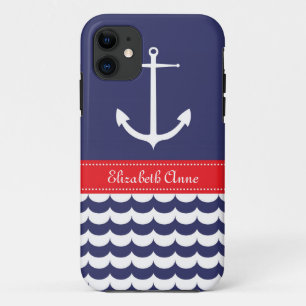 Anchor with Waves and Custom Name in Navy & Red iPhone 11 Case