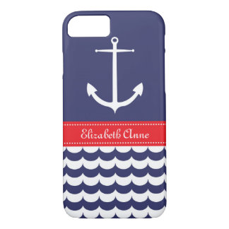 Anchor with Waves and Custom Name in Navy & Red Case-Mate iPhone Case