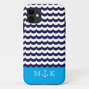 Anchor with Waves and Monogram Navy & Turquoise iPhone 11 Case