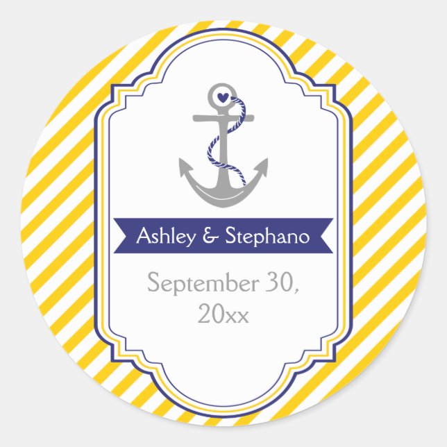 Anchor yellow white nautical wedding Save the Date Classic Round Sticker (Front)
