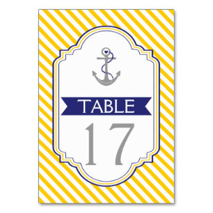 Anchor yellow, white nautical wedding table number