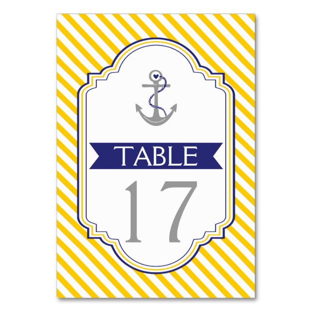Anchor yellow, white nautical wedding table number (Back)