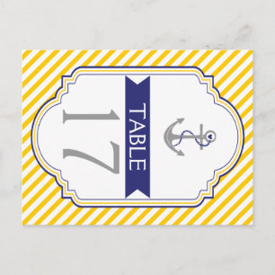 Anchor yellow, white nautical wedding table number postcard