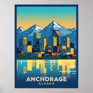 Anchorage Alaska skyline with mountains and water Poster