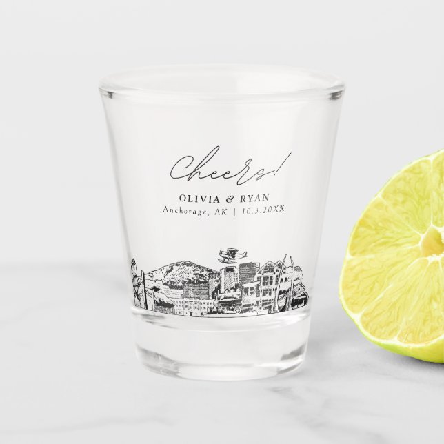 Anchorage Wedding Favour Personalized Cheers Shot Glass (Front)