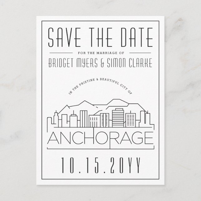 Anchorage Wedding | Stylized Skyline Save the Date Postcard (Front)