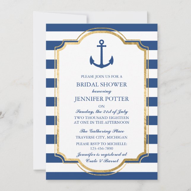 Anchored In Love II Nautical Stripe Bridal Shower Invitation (Front)