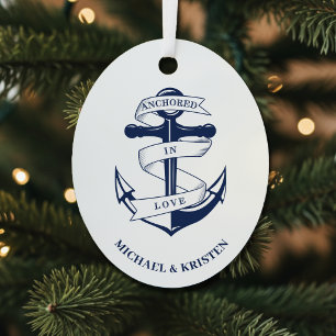 Anchored in Love Nautical Blue Anchor Christmas Metal Ornament