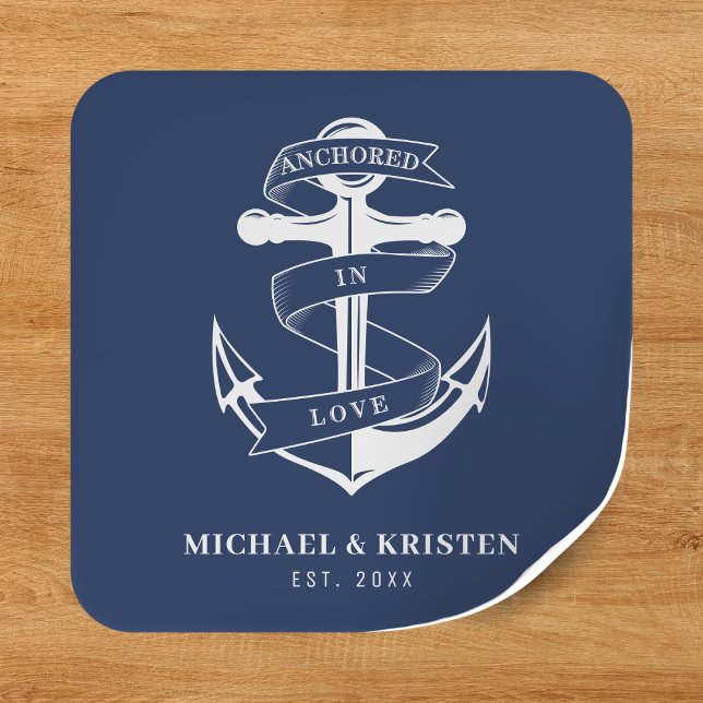Anchored in Love Nautical Blue Anchor Wedding  Square Sticker (Anchored in Love Nautical Blue Anchor Wedding Square Sticker
)