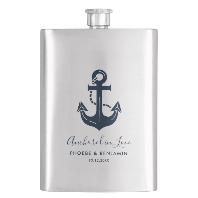 Anchored In Love Nautical Personalized Wedding Hip Flask (Front)