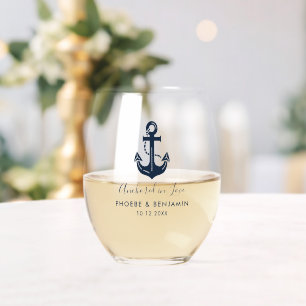 Anchored In Love Nautical Personalized Wedding Stemless Wine Glass
