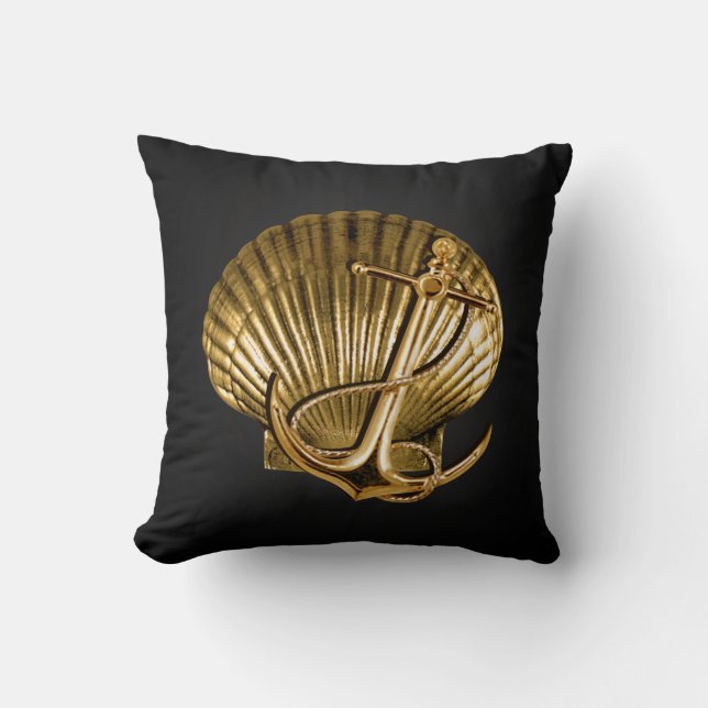 Anchored Seashell Nautical | black & gold Throw Pillow (Front)