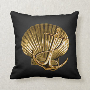 Anchored Seashell Nautical   black & gold Throw Pillow