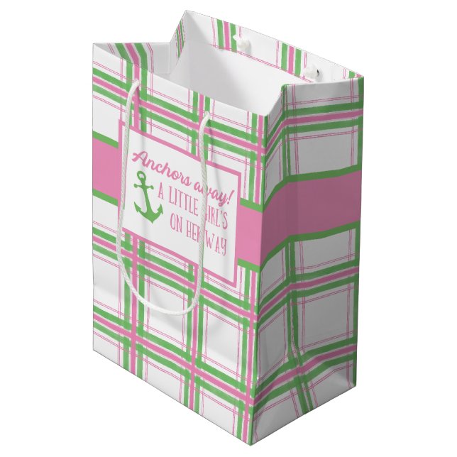 Anchors Away Girl Nautical Baby Shower Medium Gift Bag (Front Angled)
