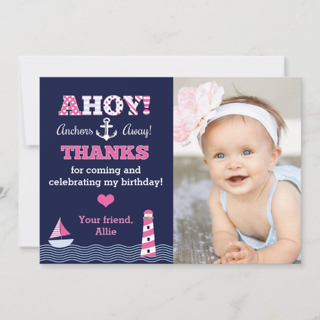 Anchors Away Girl's Nautical Photo Thank You Note (Front)