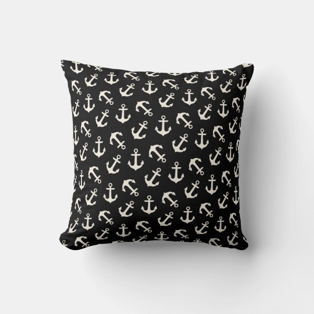 Anchors Away Nautical Pattern in Black Throw Pillow (Front)