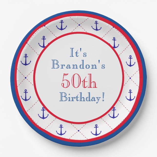 Anchors Away Red White Blue 50th Birthday Paper Plate (Front)