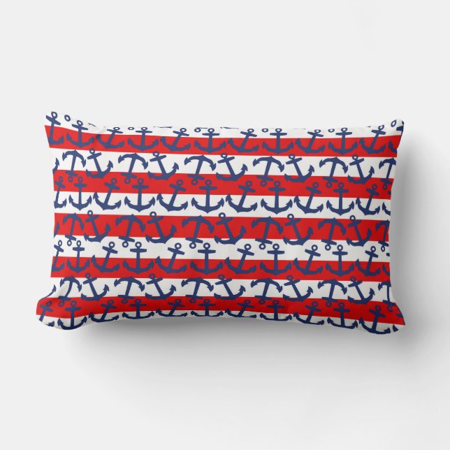 Anchors Aweigh! Blue Anchors, Red, White Stripes Lumbar Pillow (Front)