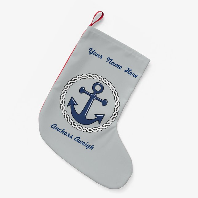 Anchors Aweigh Grey Personalized Small Christmas Stocking (Front (Hanging))