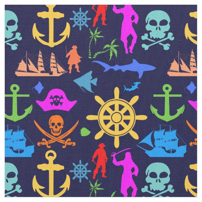 Anchors, Helms, Pirates. Colourful Nautical Patter Fabric (Close Up)