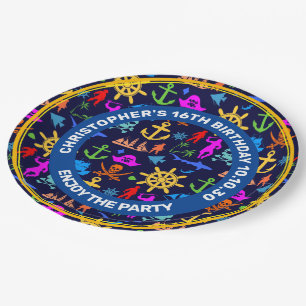 Anchors, Helms, Pirates. Colourful Nautical Patter Paper Plate