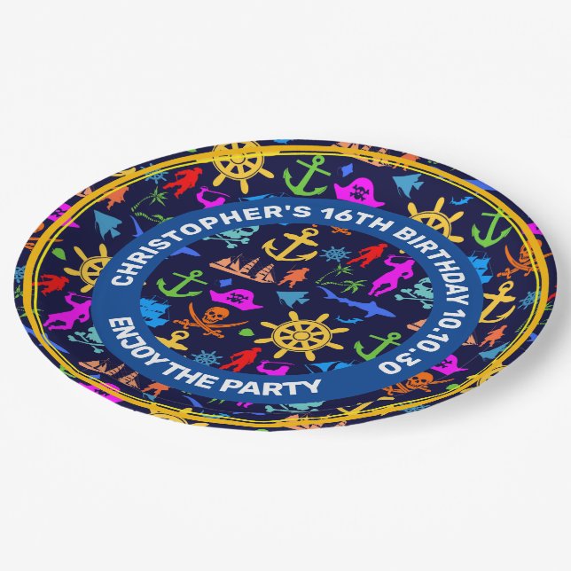 Anchors, Helms, Pirates. Colourful Nautical Patter Paper Plate (Angled)