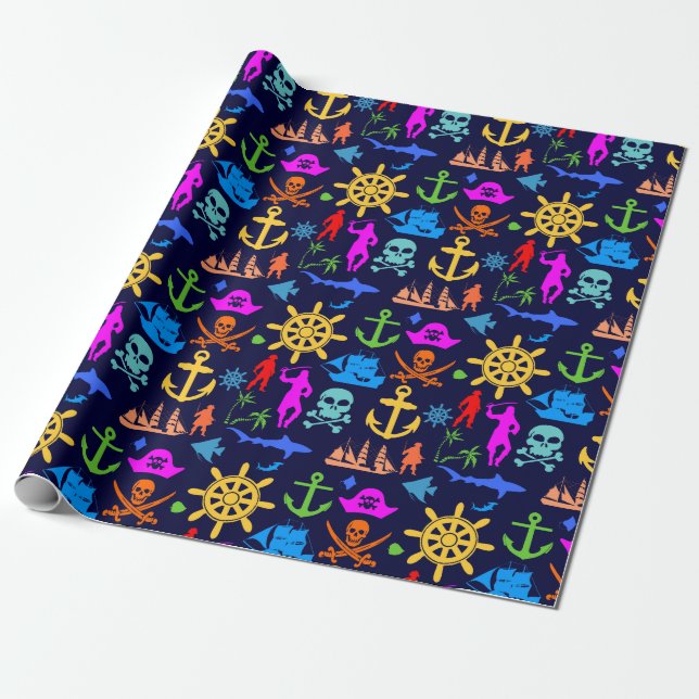 Anchors, Helms, Pirates. Colourful Nautical Patter Wrapping Paper (Unrolled)