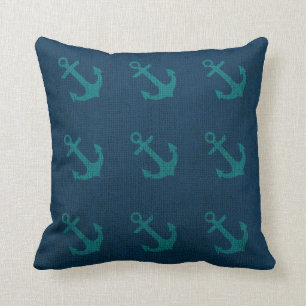 Anchors in Ocean Blue Green Throw Pillow