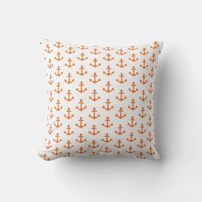 Anchors Nautical Bright Orange White Sailor Throw Pillow (Front)