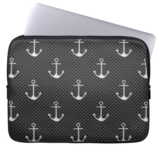 Anchors on Black Carbon Fibre Pattern Laptop Sleeve (Front)