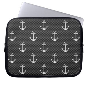 Anchors on Black Carbon Fibre Pattern Laptop Sleeve
