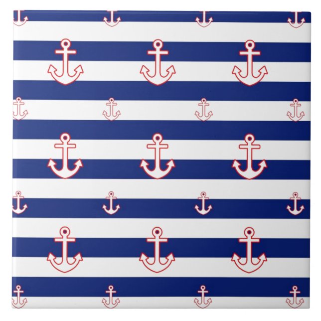 Anchors on Stripes Nautical Decor Tile (Front)