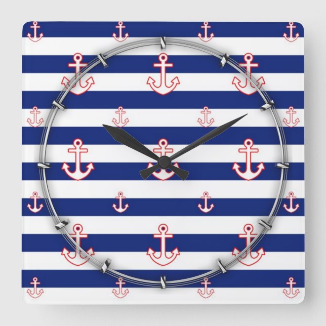 Anchors on Stripes Nautical Pattern Square Wall Clock (Front)
