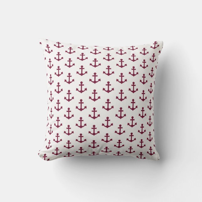 Anchors Pattern Nautical Burgundy Red Maroon White Throw Pillow (Front)
