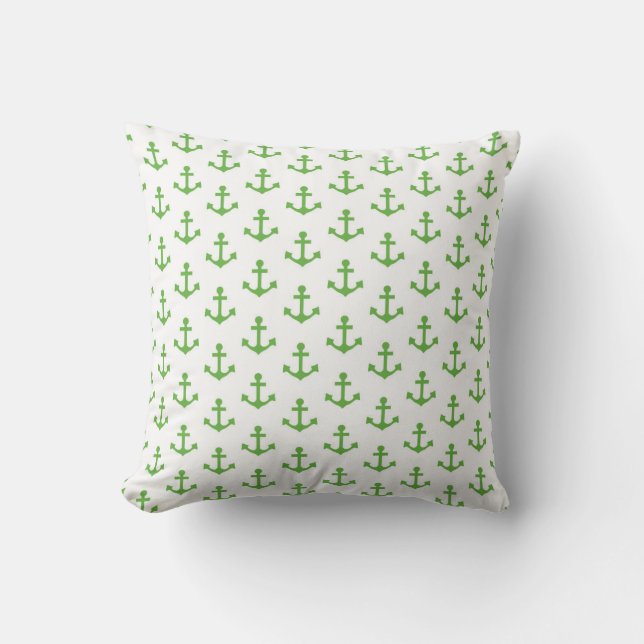 Anchors Pattern Nautical Lime Green White Sail Throw Pillow (Front)