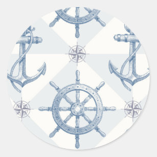 Anchors & Ship Wheel Pattern Classic Round Sticker